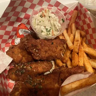 Regular 5 pc Chicken Tenders and spicy fries. So good!