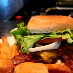Bacon Cheeseburger with fries, $14