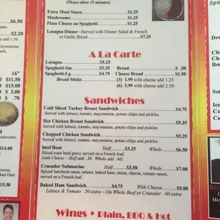 the menu for sir pizza