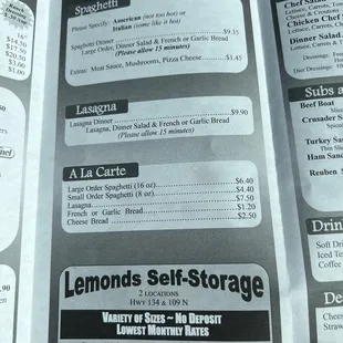 a menu for lemons self storage