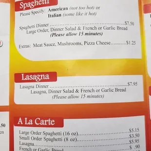 Pasta menu