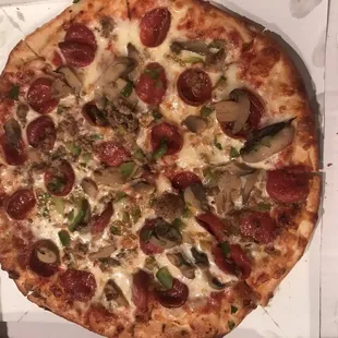 Pepperoni, sausage, mushrooms and peppers