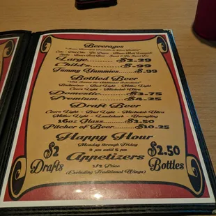 Beverages, Brews, and Happy Hour info.