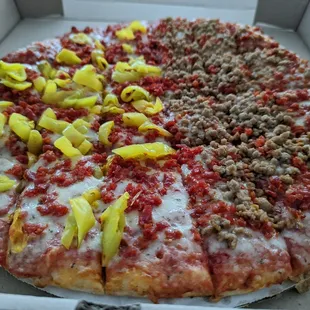 Half pepperoni and banana peppers, half pepperoni and sausage