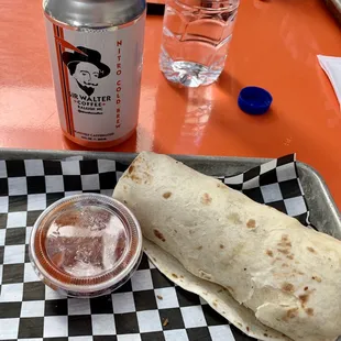 Breakfast burrito and canned Nitro Cold Brew