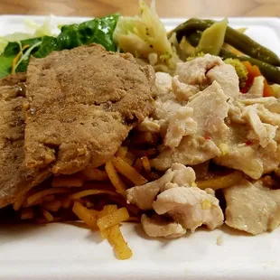 Mooyang Pork Chops, Basil Chicken, Pad Thai, Green Beans with Zucchini, and House Salad