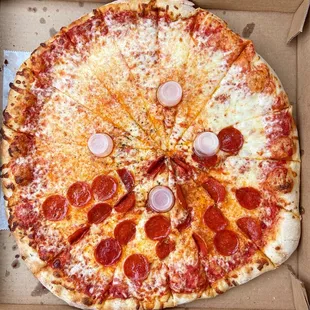 Sirena Pizza. The large is huge and has a ton of slices. I love the long slices and uneven cuts. The best!