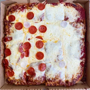 Sirena Pizza thick crust Sicilian pie 16 cut half pepperoni half cheese.