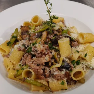 rigatoni w/sausage/asparagus/mushrooms