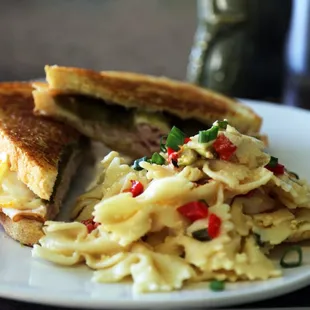 Siren's famous lemon pasta salad with the day's special - turkey, muenster &amp; roasted green chili on grilled sour dough - yum!