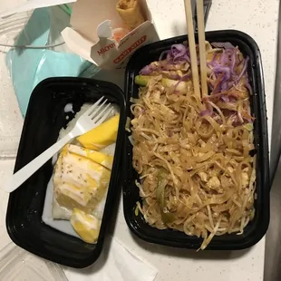 Chicken pad thai, mango sticky rice