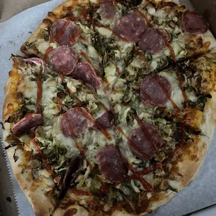 May pizza special bruessel sprouts and sopprasetta. I added a drizzle of siracha.