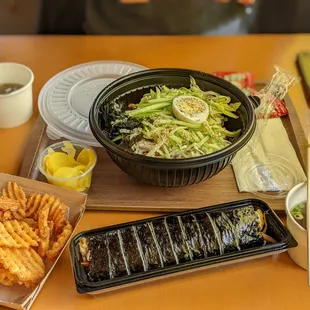 a variety of food items on a table