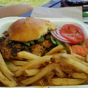 Salmon burger and fries