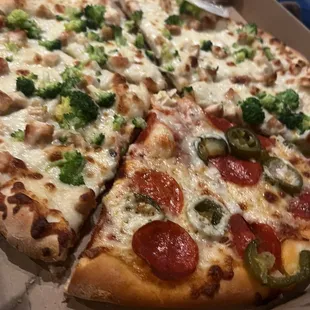 Chicken Alfredo Pizza and pepperoni and jalapeño pizza
