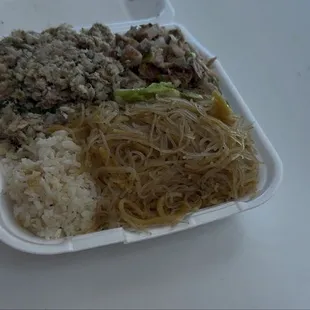 Bangus Sisig, lechon Sisig, garlic rice, and pancit