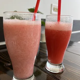 Banana Strawberry smoothie on the left. Strawberry smoothie on the right.