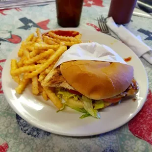 Sissy's Grilled Chicken-breast sandwich and fries.