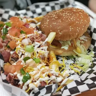Cheeseburger with loaded French fries.