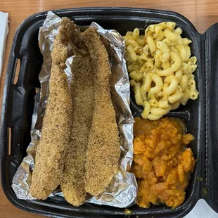 fish, macaroni and cheese