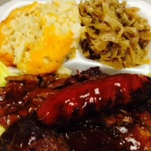 Ribs, hot link (sausage) with Cheesy Potatoes and Cabbage...Delicious!!
