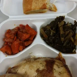 Delicious Baked chicken,  yams, and collards!!
