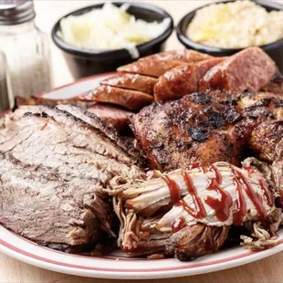 5 Meat Plate Brisket, Ribs, Chicken, Pulled Pork and Sausage.