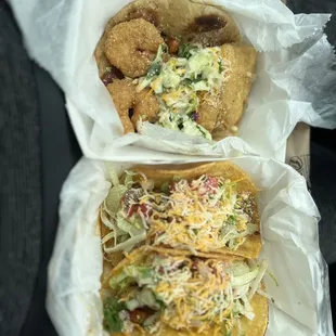 Southern Fried Fish &amp; Shrimp Po&apos;Boy Taco, chick Steak Street Taco, Chicken Street Taco (all tasty!)