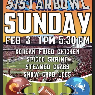 Sistar Seafood open one Sunday this year! Come get your Fried Chicken, Shrimp, and Crabs this Super Bowl February 3rd. #sistarbowlsunday