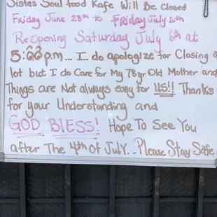 Closed again till July 6th. Sista is caring for her mother. Keep good thoughts!