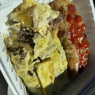 Steak omelette minus green peppers and home fries.