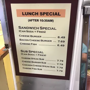 a menu for lunch special