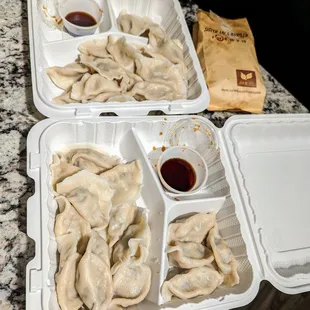 P2 Pork Chive dumplings (15 for $20.60). B3 Beef Cilantro dumplings (15 for $22.31). Spicy Pork Burger ($10.55).