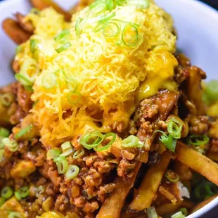 a bowl of chili cheese fries