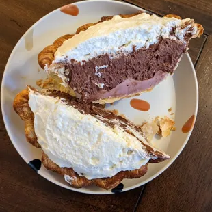 Amazing Neapolitan pie with layers of tart ruby cocoa, smooth, silky chocolate and cream. The flaky crust was out of this world.