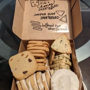 Box of shortbread cookies to celebrate the holidays. All of them were great; I particularly enjoyed the savory juniper olive one.
