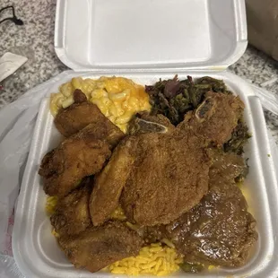 Pork chops and wings with mac cheese and collard greens