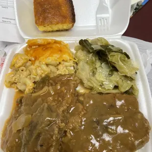 Smother pork chops...cabbage and Mac and cheese