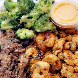 grilled shrimp and steak with broccoli $ 15