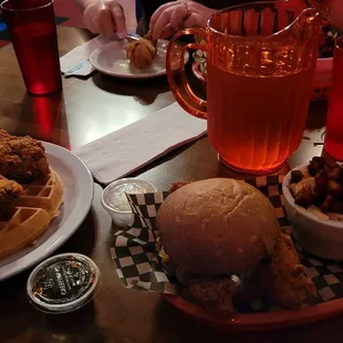 Naked tenders and waffles.  Sandwich with smoked gouda mac.