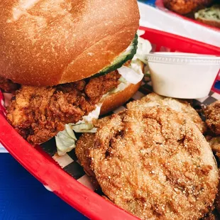 Fried Hot Chicken Sandwich and fried green tomatoes with ranch