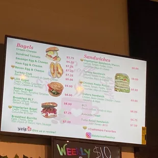 Food menu: bagels and sandwiches