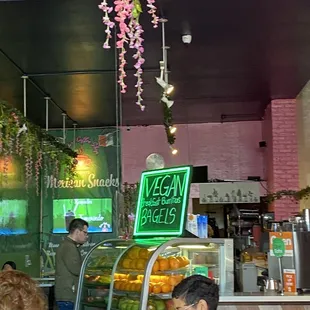 Counter where you can see the fruits and bread they sell.