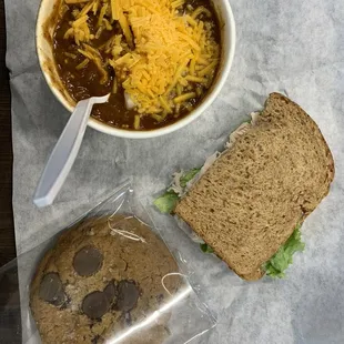 Chili, turkey sandwich, cookie