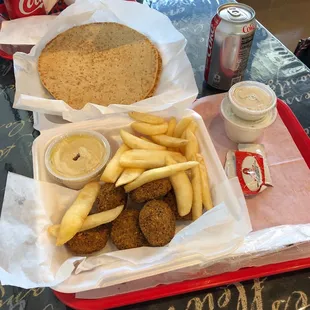 Falafel Combo #13 - falafel, houmos, fries, sauce and drink ($13, Feb 2019)