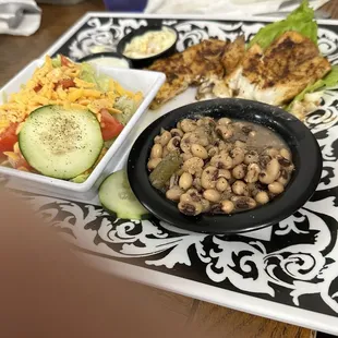 Cod, field peas (black eyed peas) and side salad!