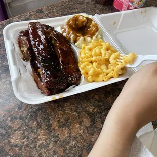 Ribs Mac and cheese mashed potatoes, all great