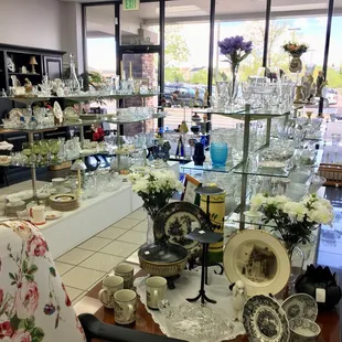 Photo shot  looking out towards front. Fine crystal and china.