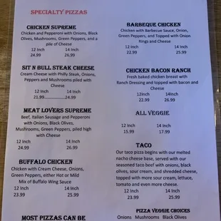 Pizza menu