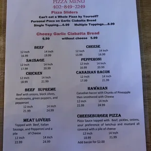 Pizza menu